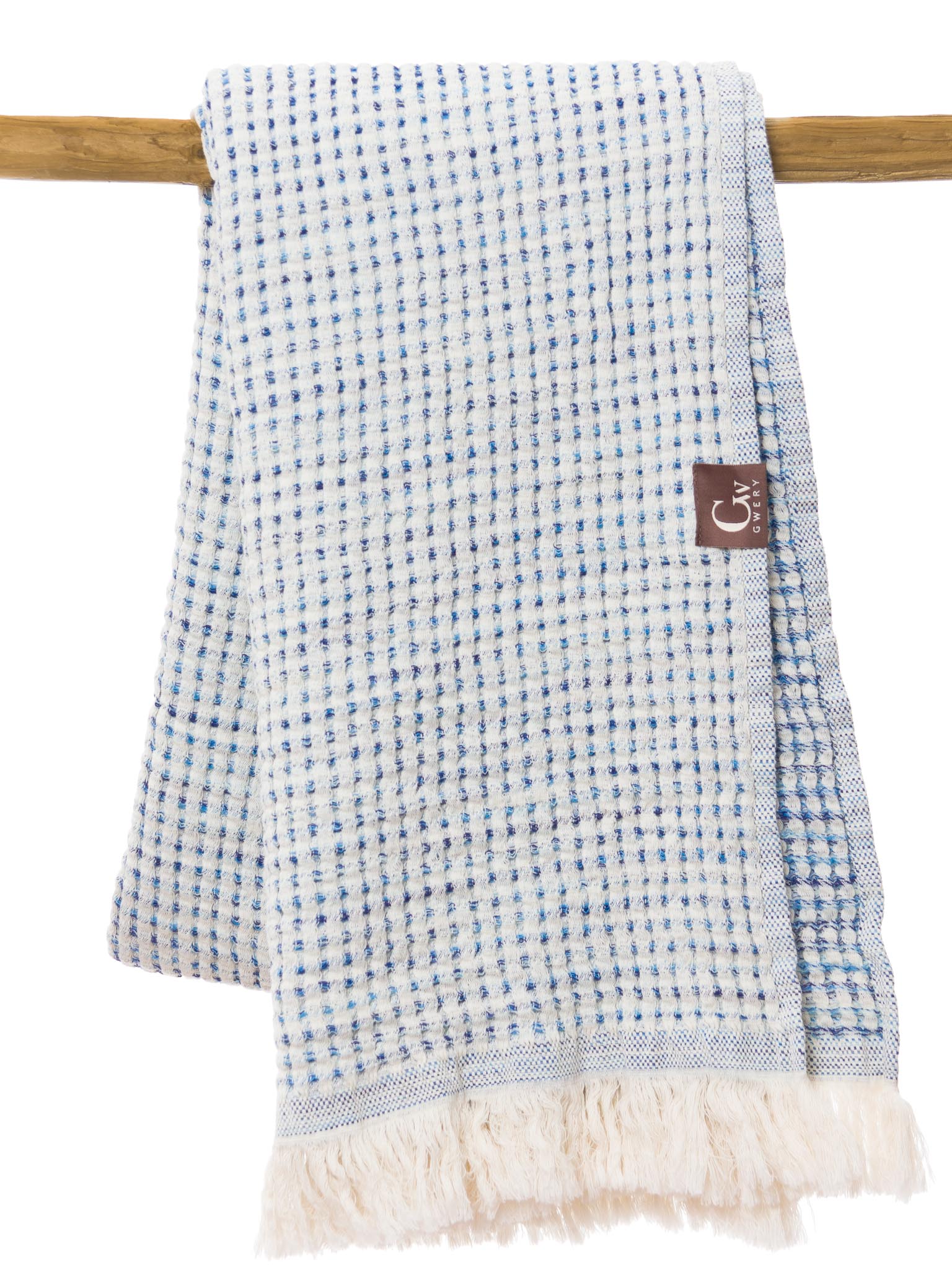 Blue patterned, double sided, honeycomb beach towel folded