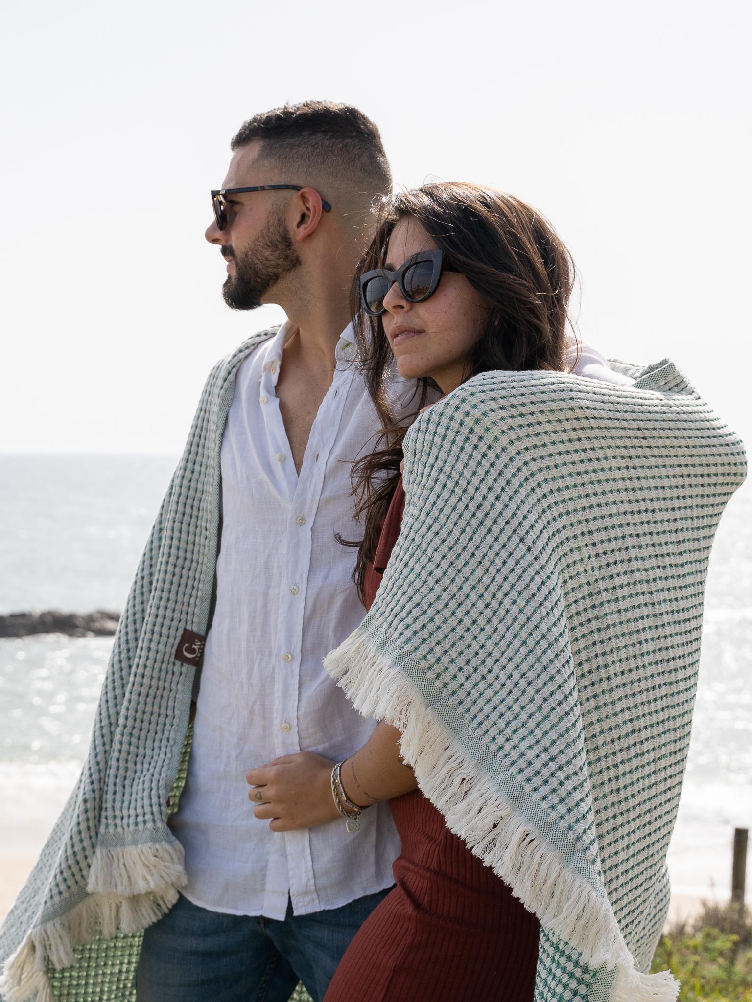 Couple with Green patterned double sided, honeycomb beach towel