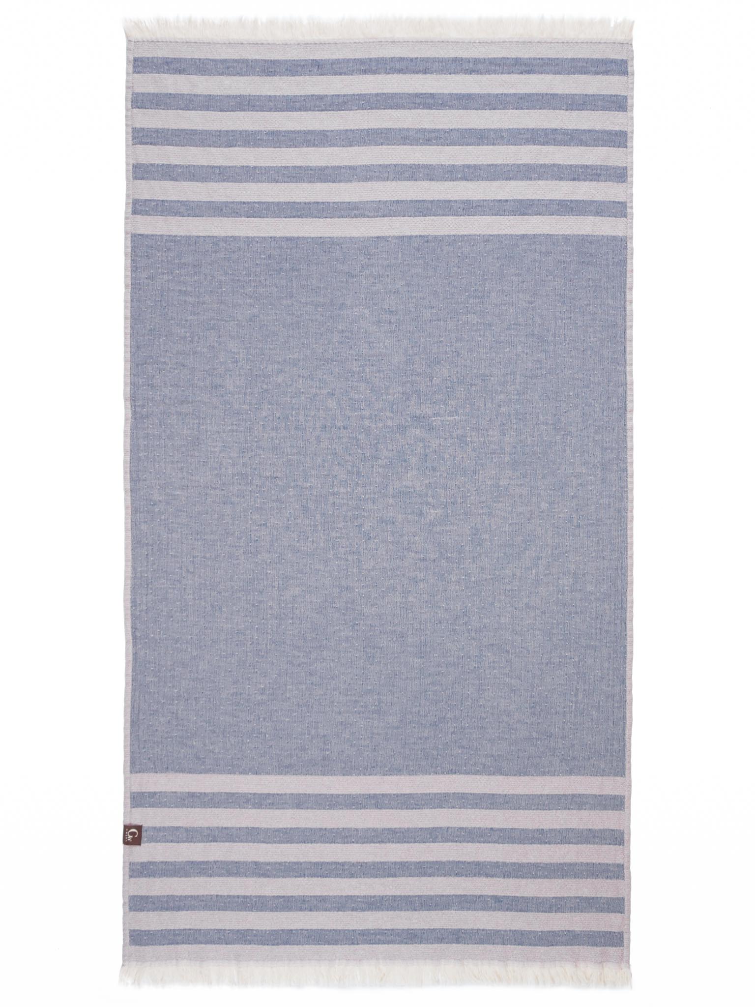 Red and blue double sided striped beach towel open up showing blue side