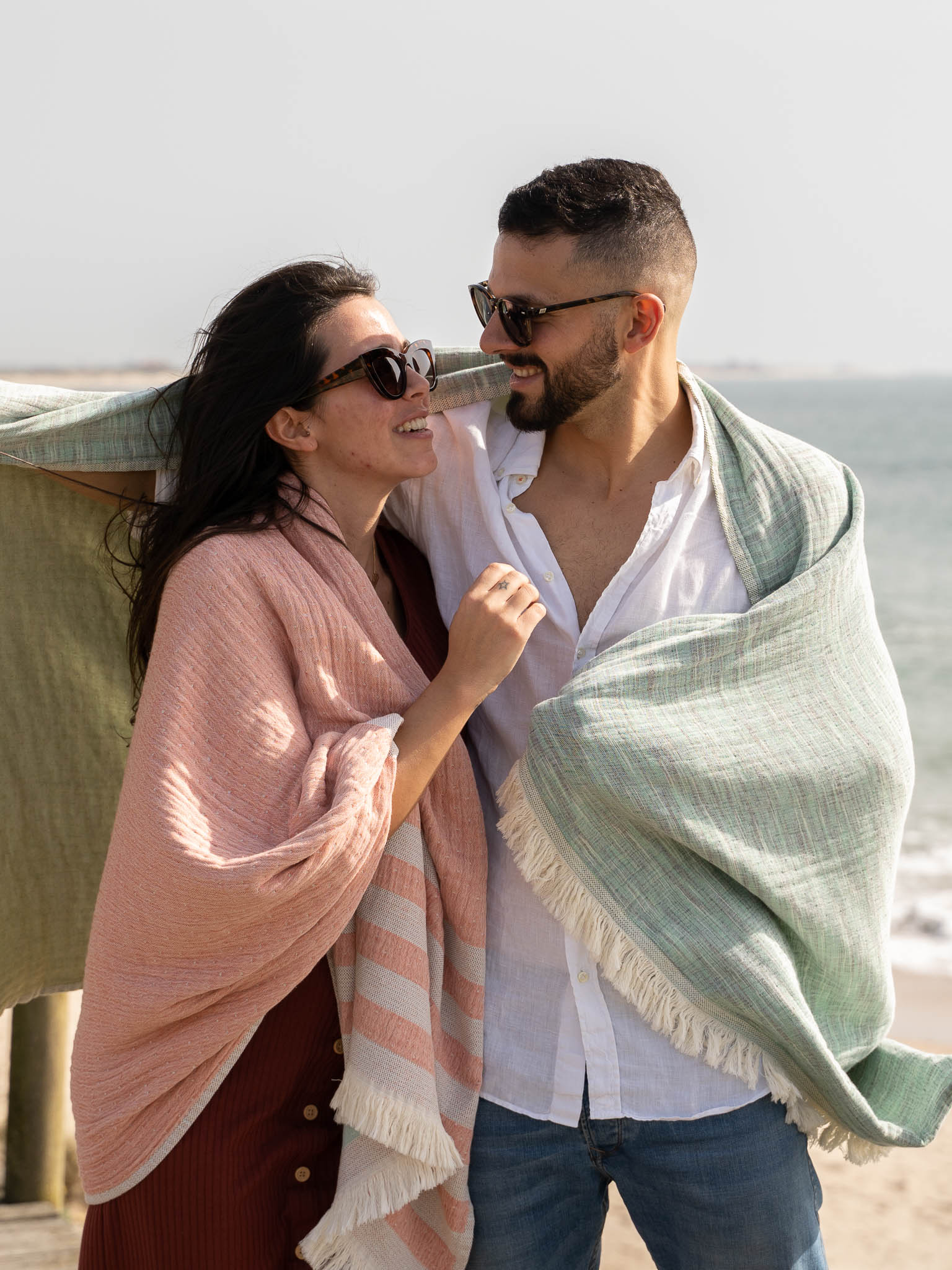 Couple with Green patterned, double sided, beach towel