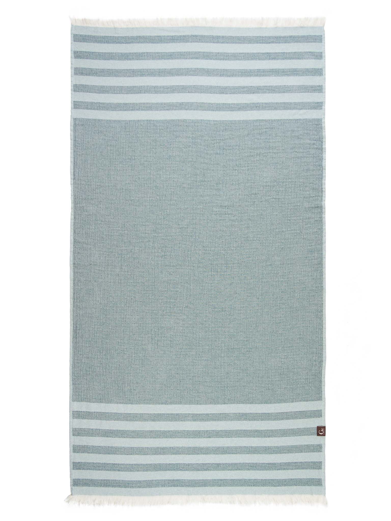 Light and dark green striped beach towel open up showing dark green side