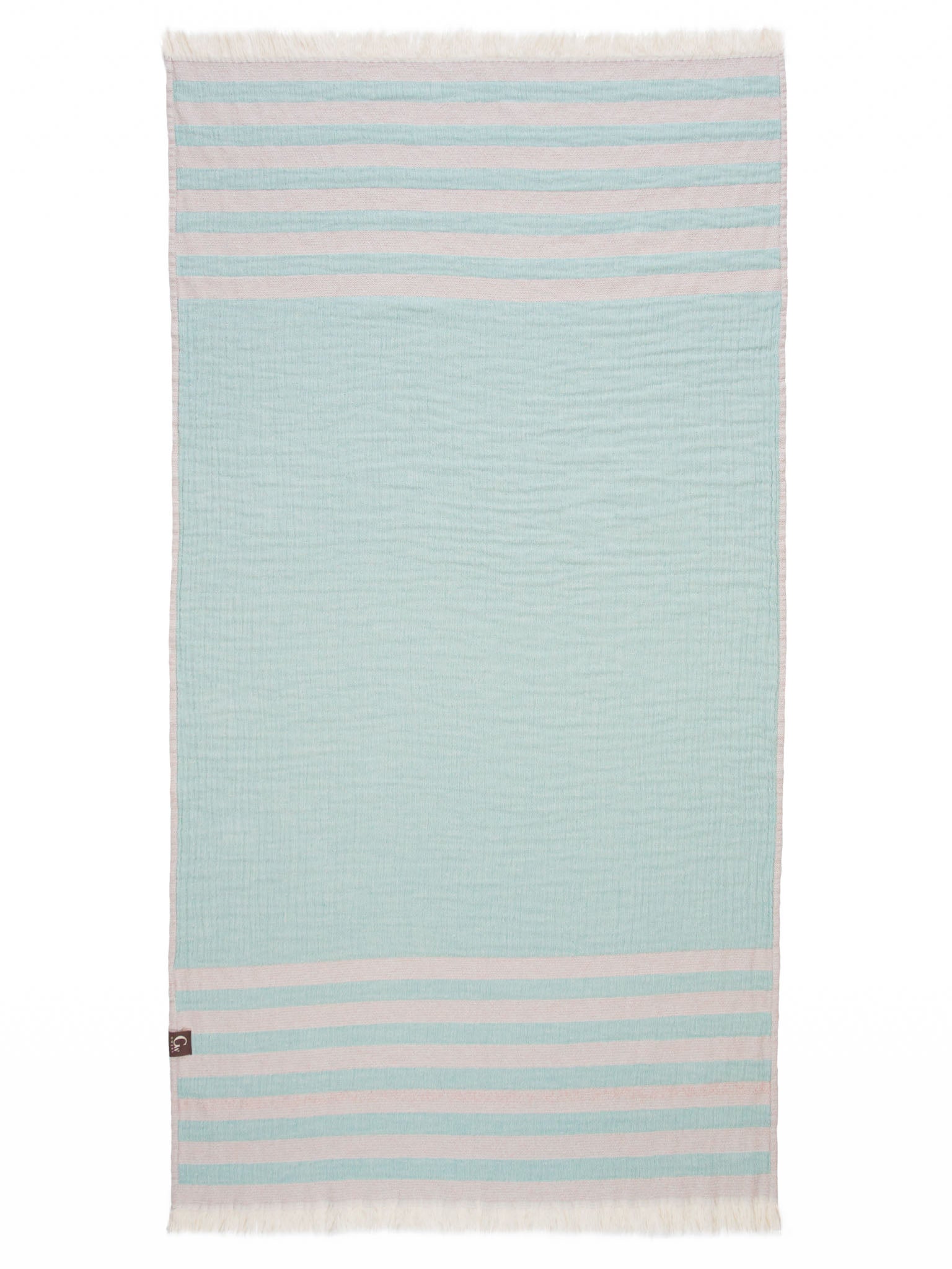 Orange and green double sided striped beach open up showing green side